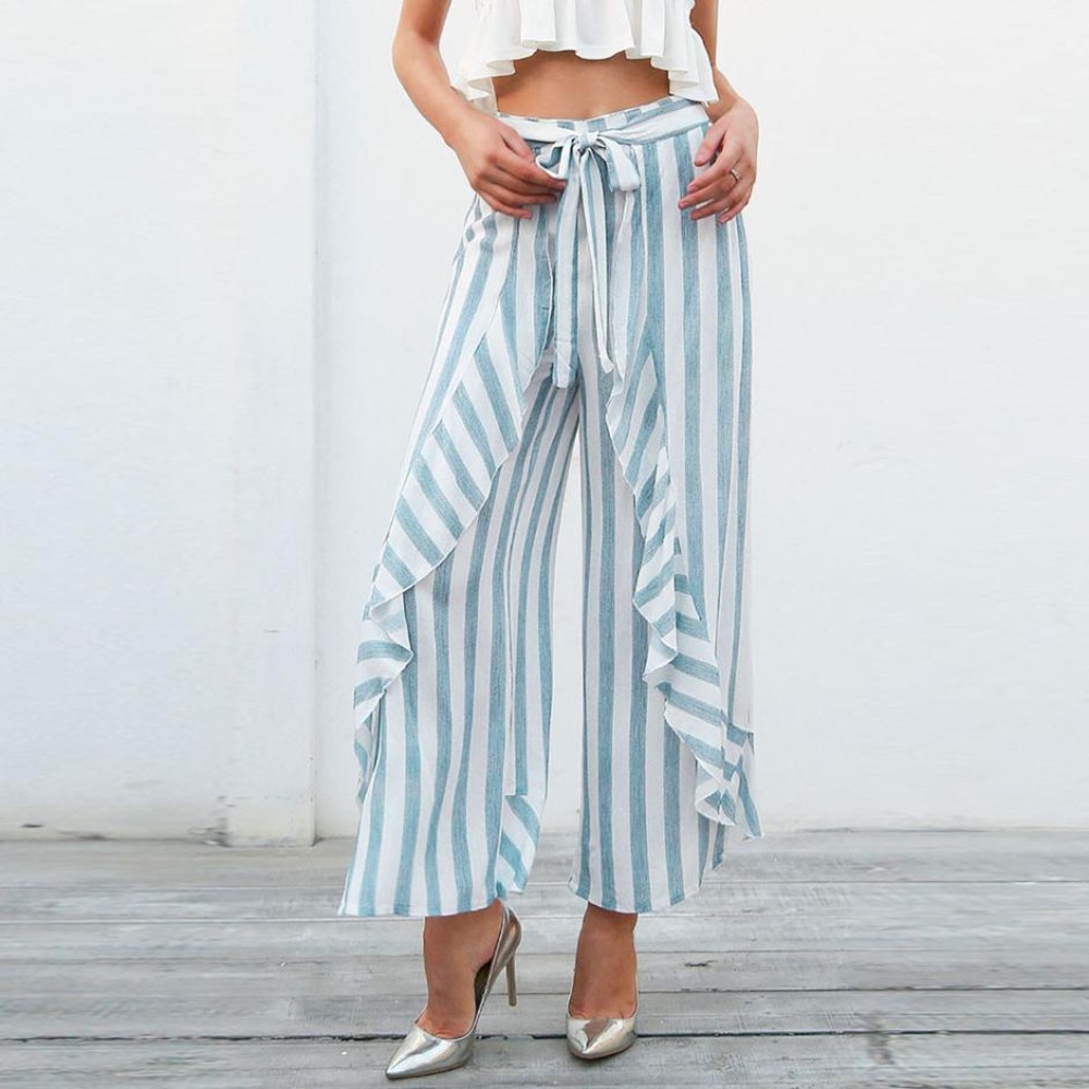 High Waisted Striped Palazzo Pants with Ruffles - Picture 2 of 8